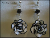Black & White Rose Dangle Earrings ~ available in Pierced or Clip on your choice