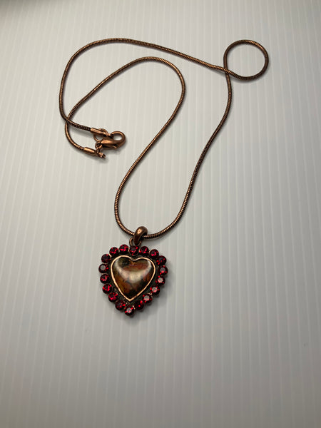 Vintage Look Heart Pendant Garnet Red Rhinestone Copper Necklace