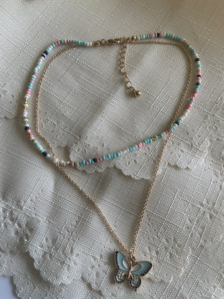 Double Strand Beaded in Pastel Colours  & Chain  Necklace with Butterfly Charm
