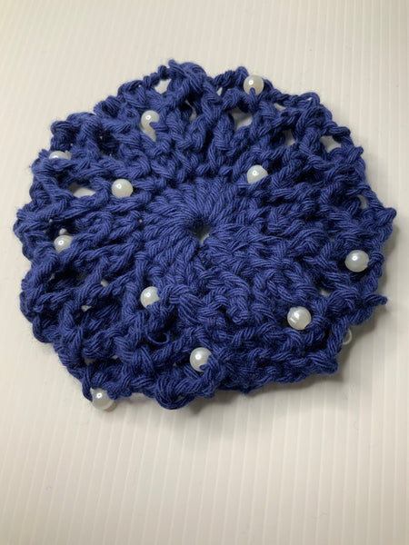 Crochet Hair Bun Net for Dance, Horse Riding, Wedding Handmade - Navy Blue & Pearls