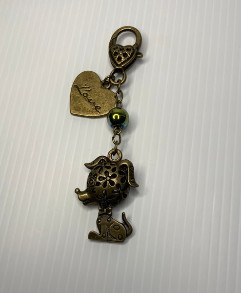 Key ring Handbag Holder Dangle Charm Bronze tone Hollow Dog, Heart, Hematite ab