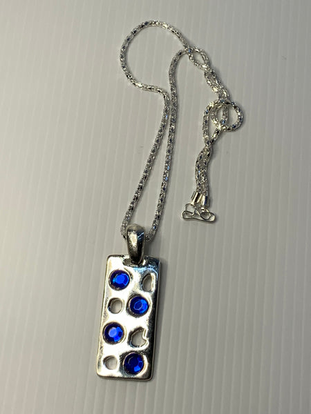 Short Necklace with Blue Rhinestone on Long Rectangle Pendant - Silver Plated