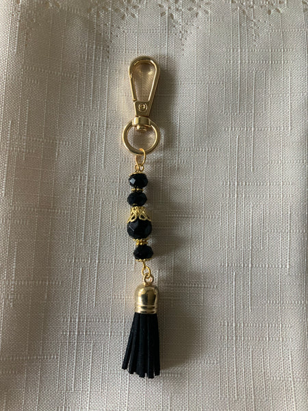 Handbag Bag dangle, Key ring Dangle Clip-On Charm ~Tassel Black Pearls Crystals