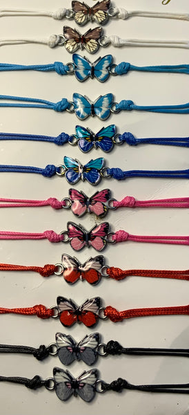 Adjustable Cord Bracelet with Butterfly Charm - Assorted Colours
