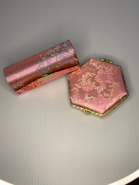Lipstick Case & Compact Mirror Duo Set Hexagon Pink Handbag Beauty Storage