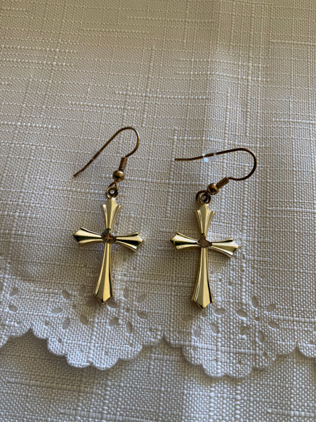 Gold Plated Detailed Cross Charm Dangle Earrings Pierced avail Clip-on