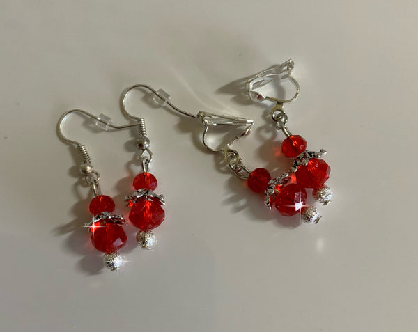Crystal Red Rondelle Dangle Earrings & Silver Plate Accents avail in Pierced or Clip-On