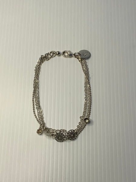 Silver Plate Multi Strand fine Link Chain & Filligree round Disc Charm Bracelet