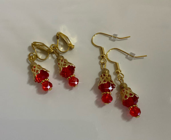 Crystal Red Rondelle Dangle Earrings - Goldtone available Pierced or Clip-On