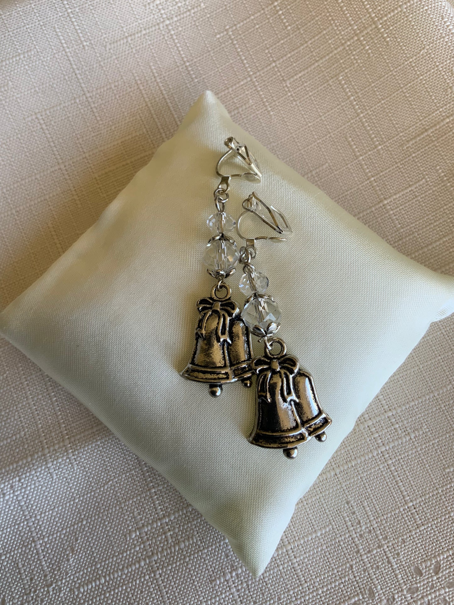 Silver Tone Double Bell Charm Dangle Earrings Clear Crystals Hook, Lever Pierced or Clip-on