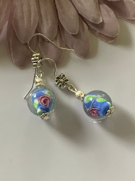Lampwork Blue & Green Floral Dangle Earrings Silver Plate Pierced