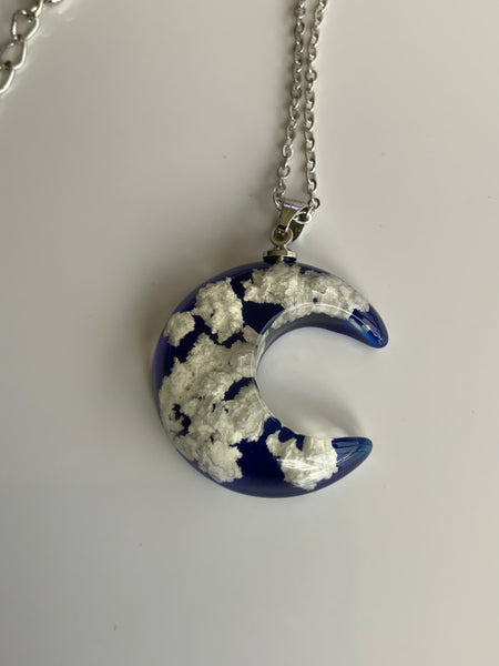 Half Moon Pendant Necklace Epoxy with Cloud Flakes Pendant on Fine Link Chain