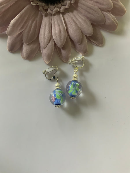 Lampwork Blue & Green  Floral Dangle Earrings Silver Plate Clip-On only