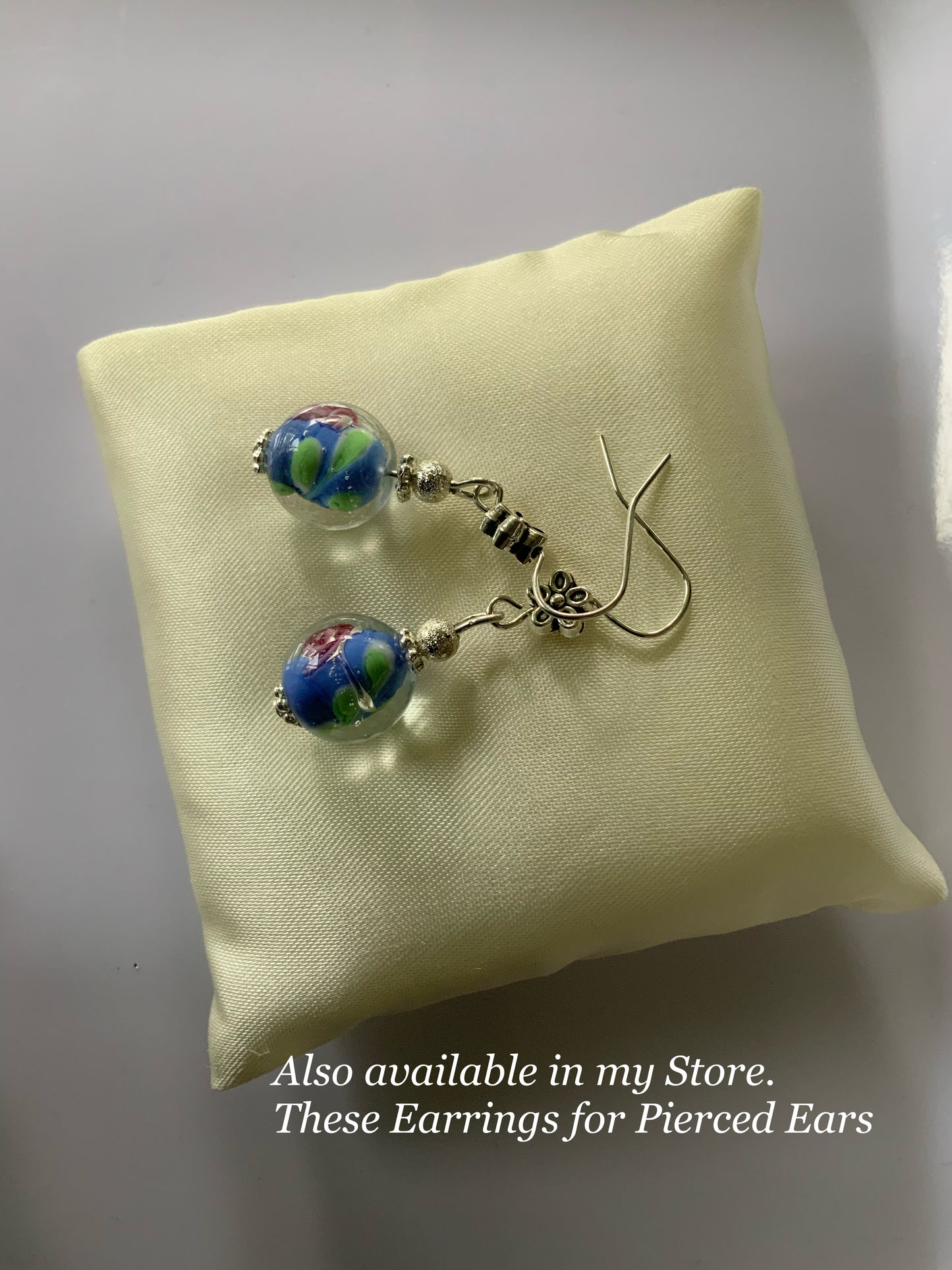 Lampwork Blue & Green Floral Dangle Earrings Silver Plate Clip-On only