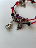 Memory Wire Slide on Beaded & Charm Bracelet no clasp Red Black Silver tones