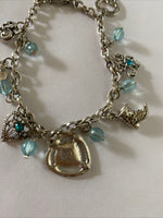 Antique Look Silver Plate & Blue Bead Charm  Bracelet adjustable