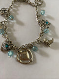 Antique Look Silver Plate & Blue Bead Charm  Bracelet adjustable