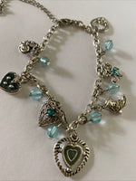 Antique Look Silver Plate & Blue Bead Charm  Bracelet adjustable