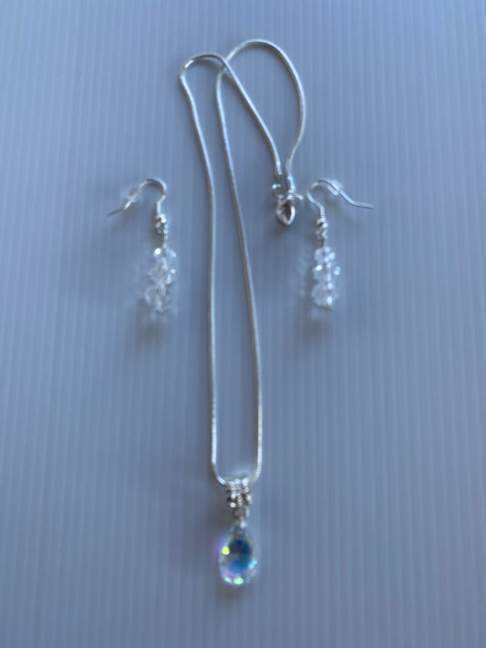 Crystal Clear Teardrop Necklace & Round Crystal Earring Set Pierced Silver Plate