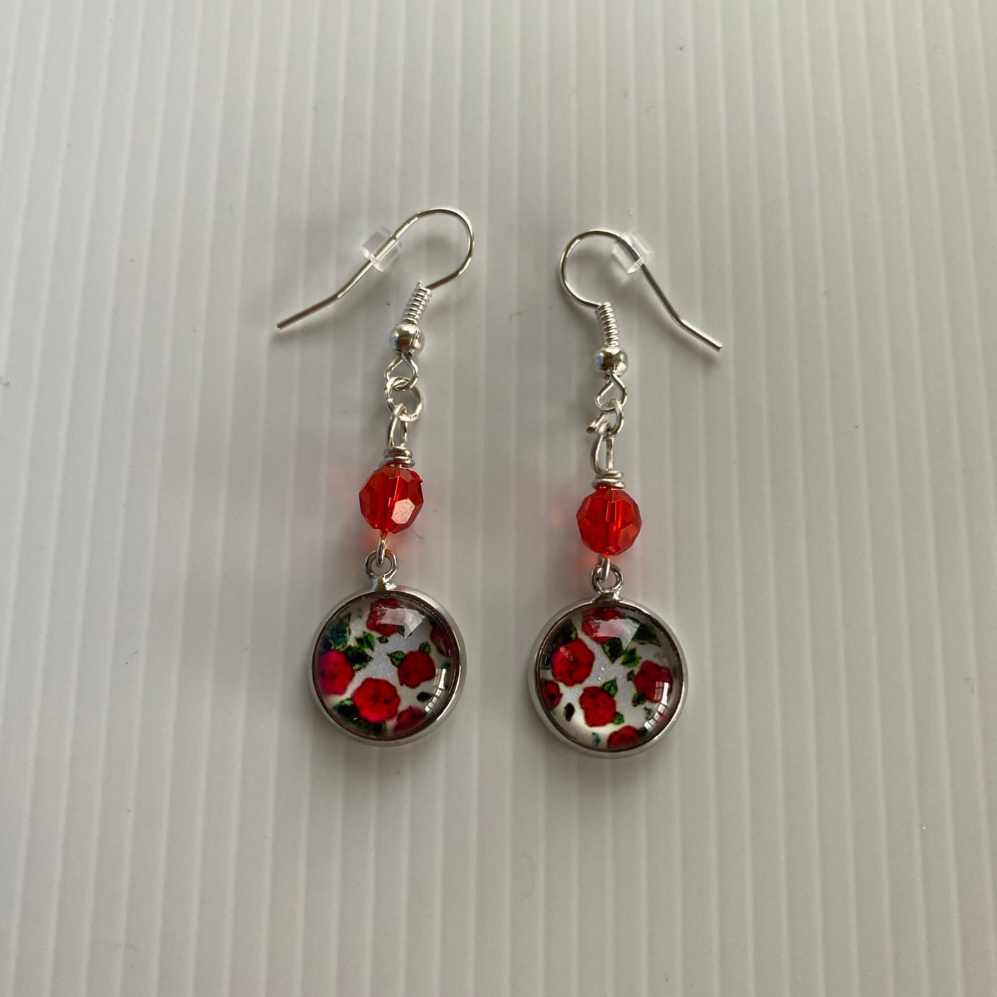Long Dangle Floral Disc & Red Dangle Earrings - Pierced *THIS ITEM FREE SHIPPING