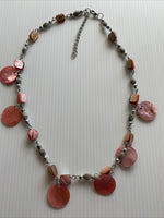 Silver Tone & Pink Coral Coloured Beads Discs Extension Chain short Necklace