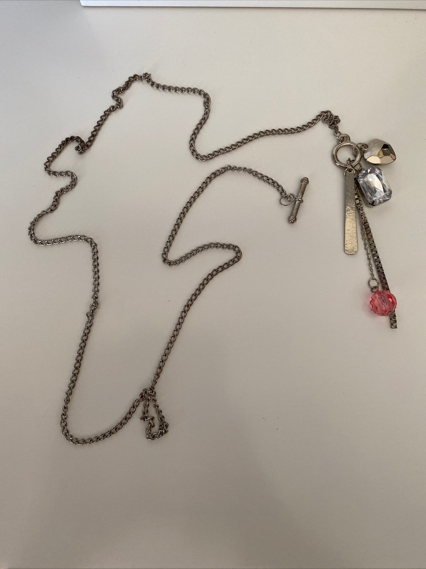 Silver Plate Long Necklace Cluster Charms Rhinestone, Bar Pink Bead