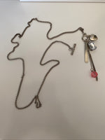 Silver Plate Long Necklace Cluster Charms Rhinestone, Bar Pink Bead