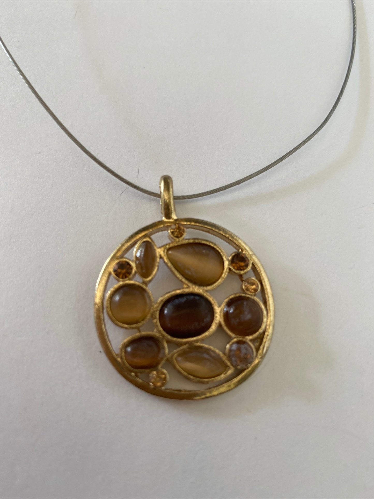 Silver Tone Short Thin Necklace with Round Pendant Brown Amber Statement Piece