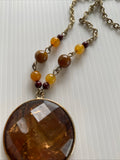 Copper Disc Pendant Brown & Amber Bead Boho  Short Necklace with Extension