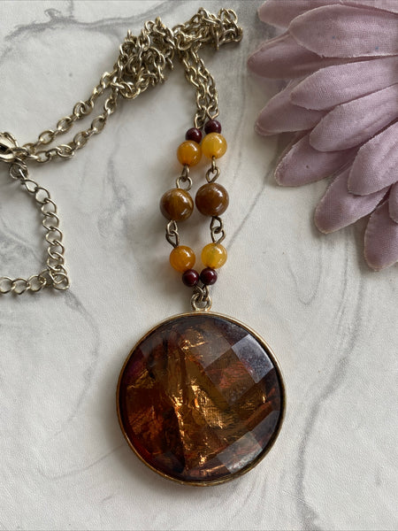 Copper Disc Pendant Brown & Amber Bead Boho  Short Necklace with Extension