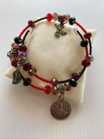 Memory Wire Slide on Beaded & Charm Bracelet no clasp Red Black Silver tones