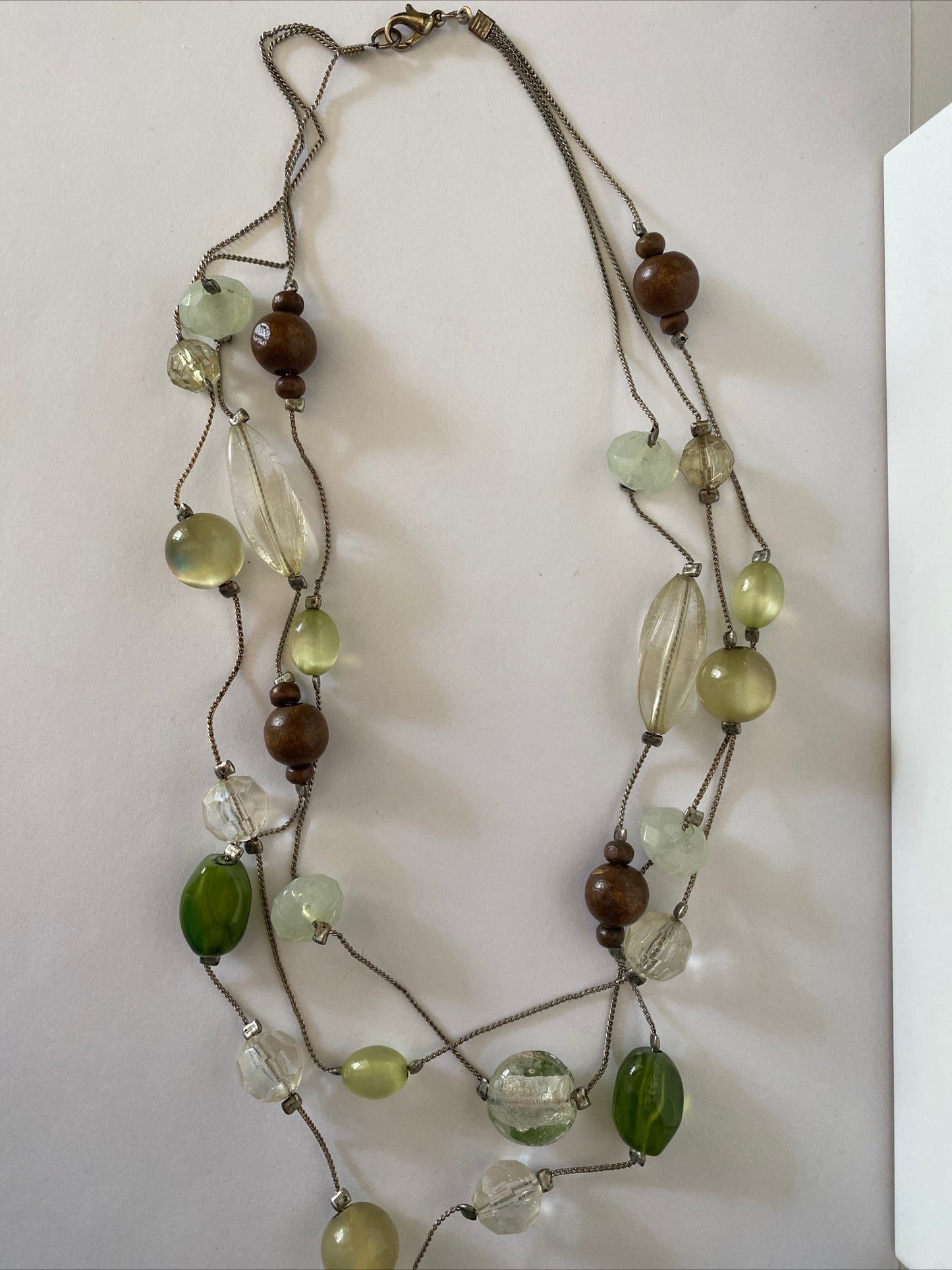Triple Strand Silver tone Chunky Feature Focal Necklace Neutral Green Bronze Tone