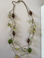 Triple Strand Silver tone Chunky Feature Focal Necklace Neutral Green Bronze Tone
