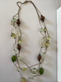 Triple Strand Silver tone Chunky Feature Focal Necklace Neutral Green Bronze Tone