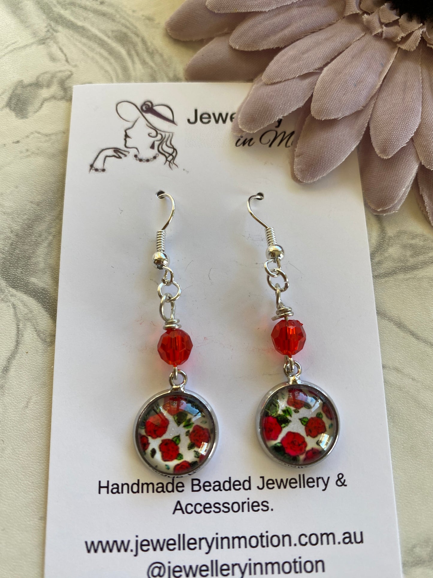 Long Dangle Floral Disc & Red Dangle Earrings - Pierced *THIS ITEM FREE SHIPPING