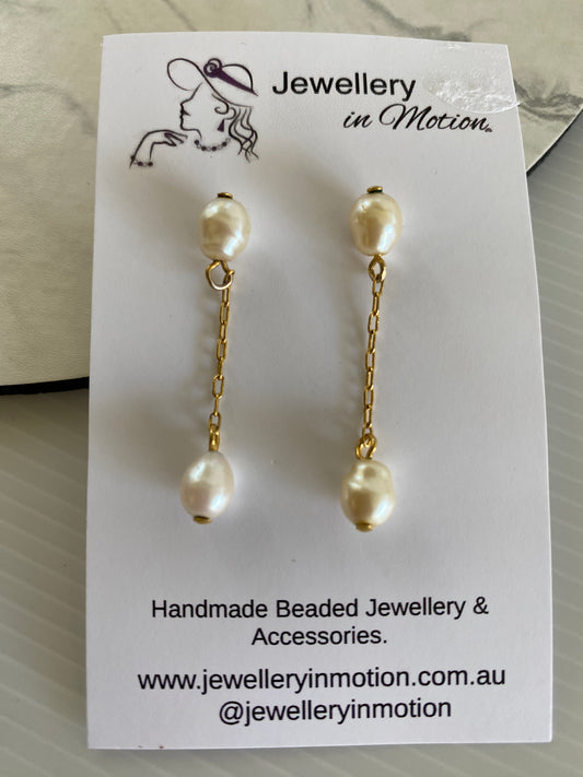 Double Pearl Drop Dangle Earrings with gold plate Chain