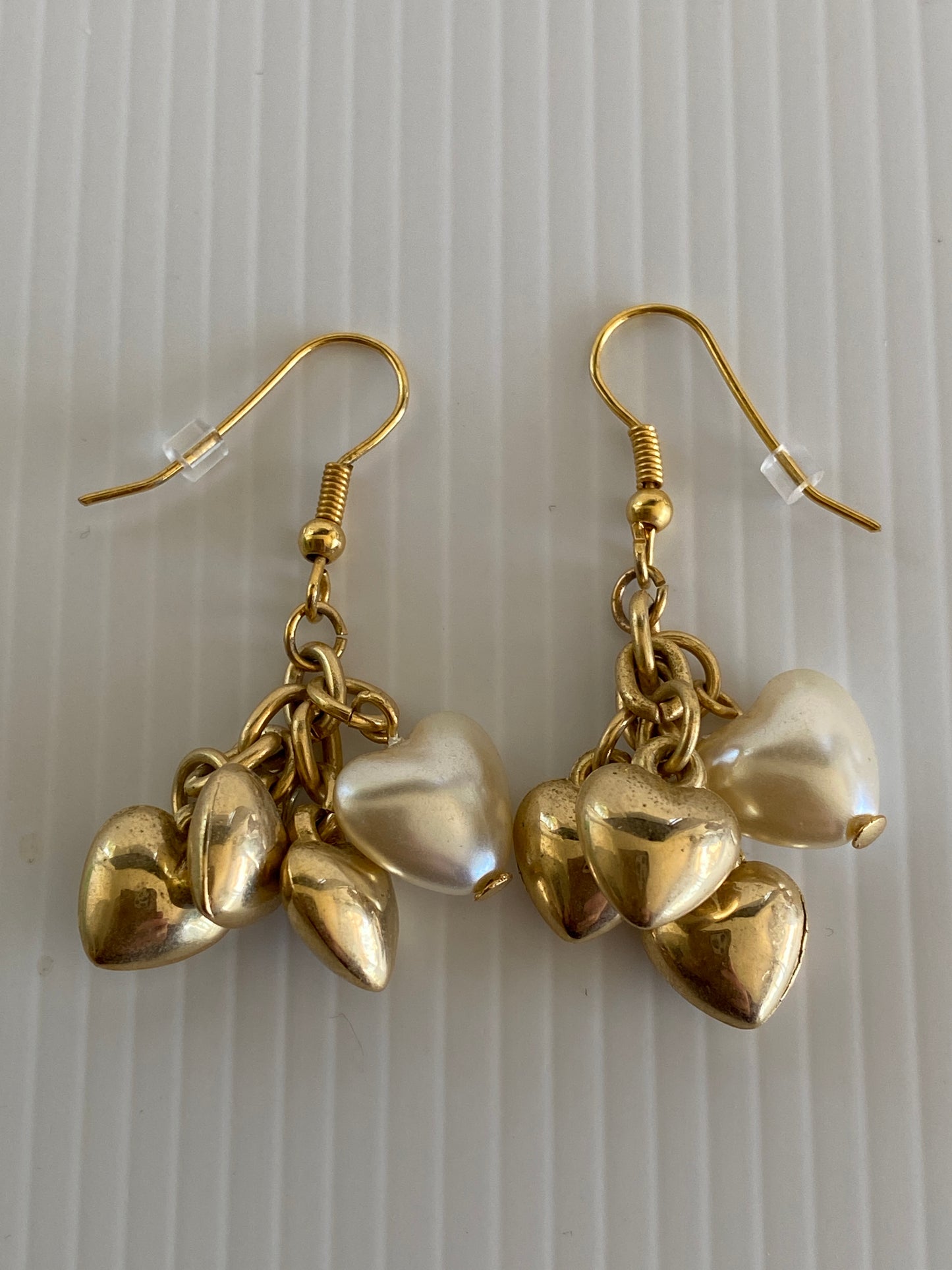 Gold Plate Heart Clusters Gold & White Pearl Dangle Earrings Pierced