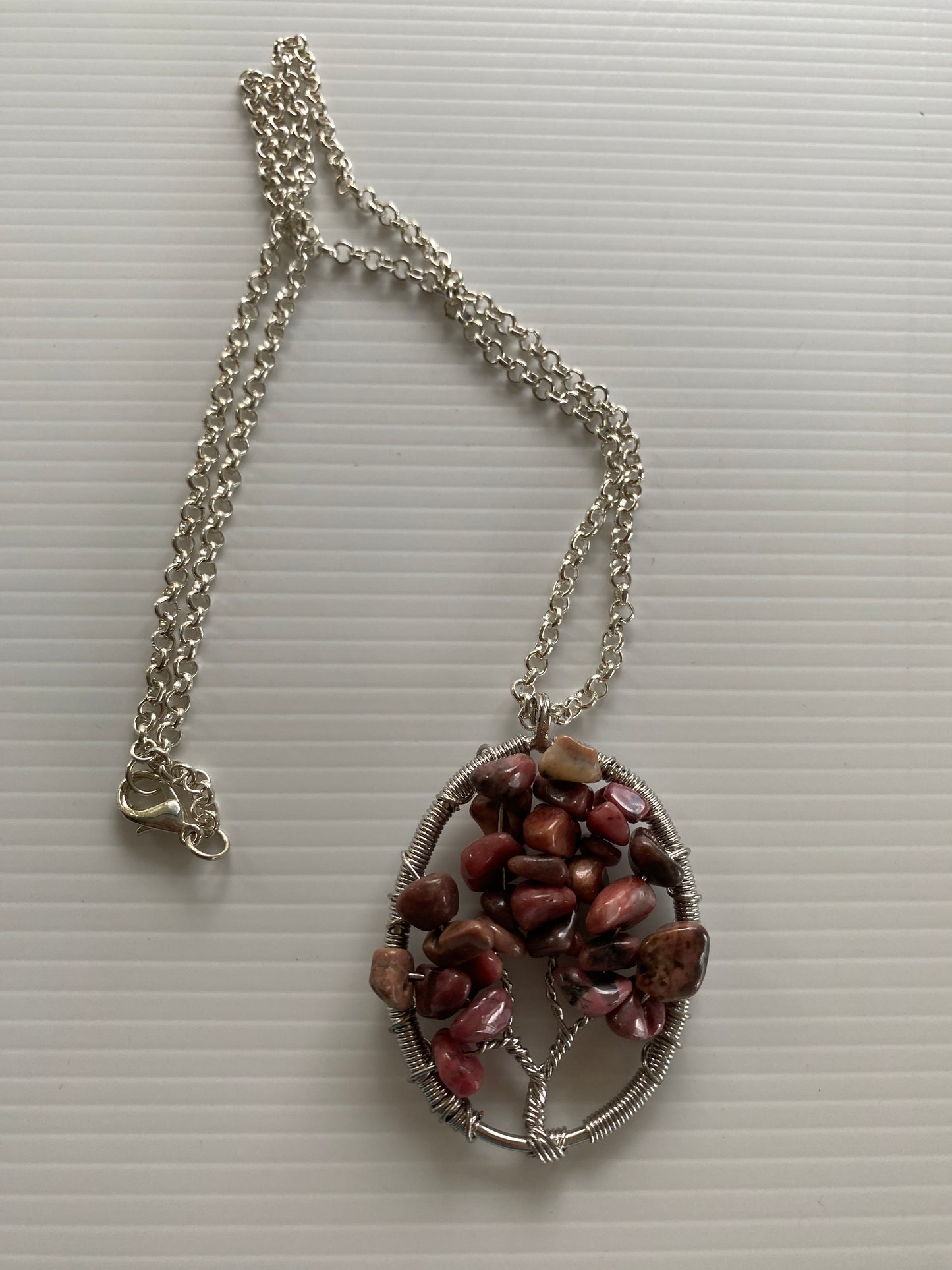Tree of Life Rhodonite Chip  Oval Necklace Silver Plate Rolo style Chain
