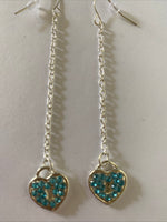Heart Locket Blue Charm Shiny Silver Plate  Long Chain  Dangle Earrings Pierced