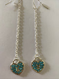 Heart Locket Blue Charm Shiny Silver Plate  Long Chain  Dangle Earrings Pierced