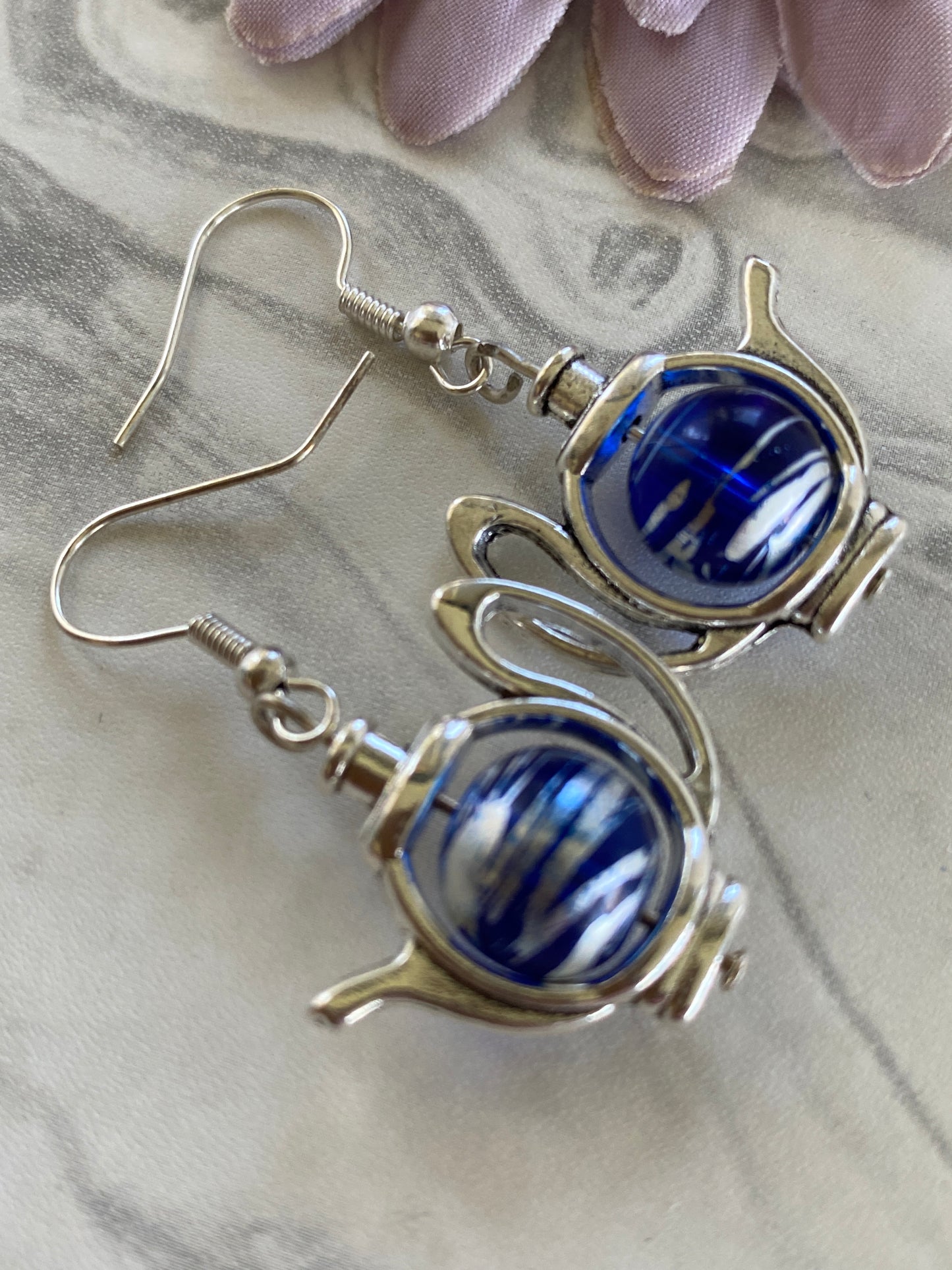 Teapot / Kettle Earrings Dark Blue with Silver Swirl Pierced or Clip-On