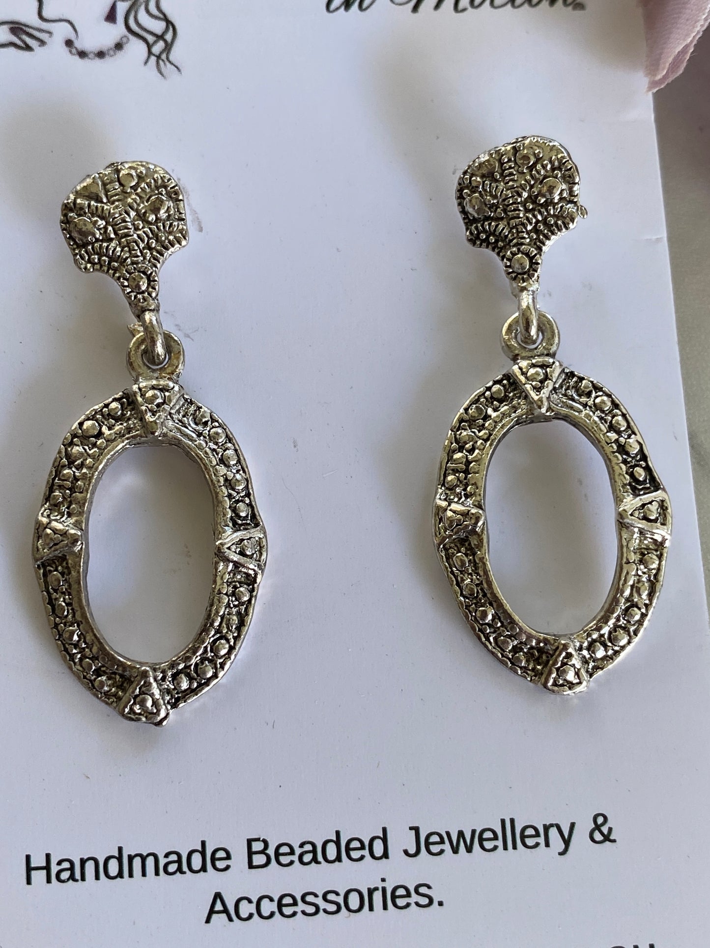 Antique Look Oval  Filigree  Dangle Earrings -Pierced Stud Butterfly Backing