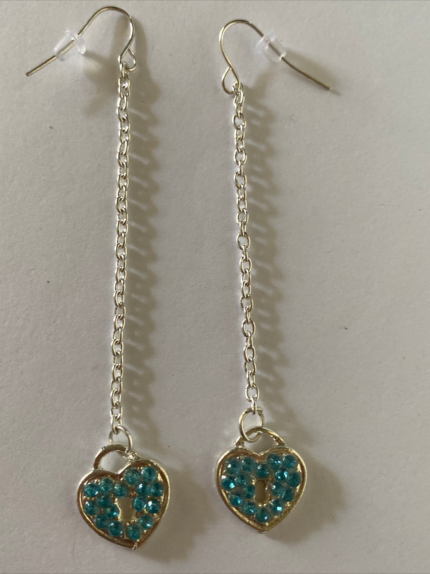 Heart Locket Blue Charm Shiny Silver Plate  Long Chain  Dangle Earrings Pierced