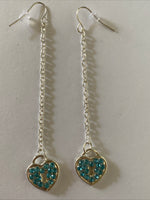 Heart Locket Blue Charm Shiny Silver Plate  Long Chain  Dangle Earrings Pierced
