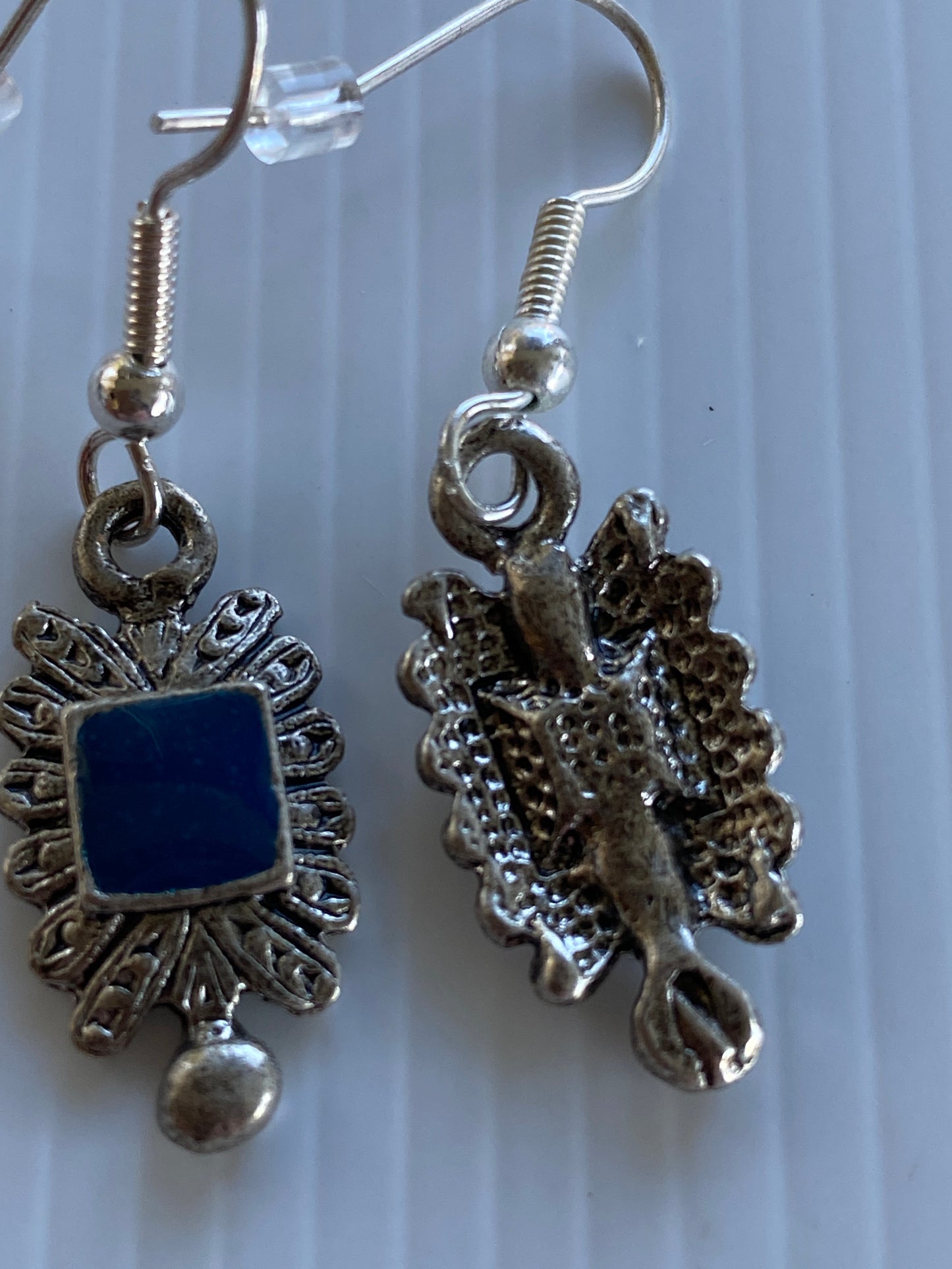 Antique Look Silver Ornate Rectangle Blue Square Enamel Hook Earrings~Pierced