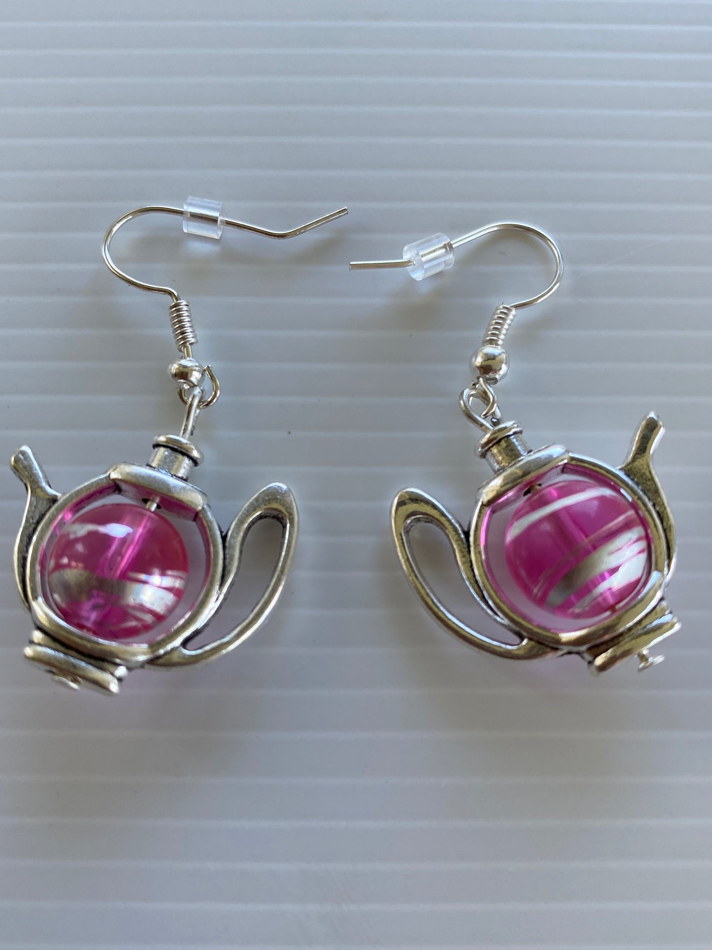 Teapot / Kettle Earrings Pink with Silver Swirl Pierced or Clip-On