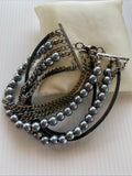 Multi Strand Grey Pearl, Antique Silver Chain & Black Cord Bracelet