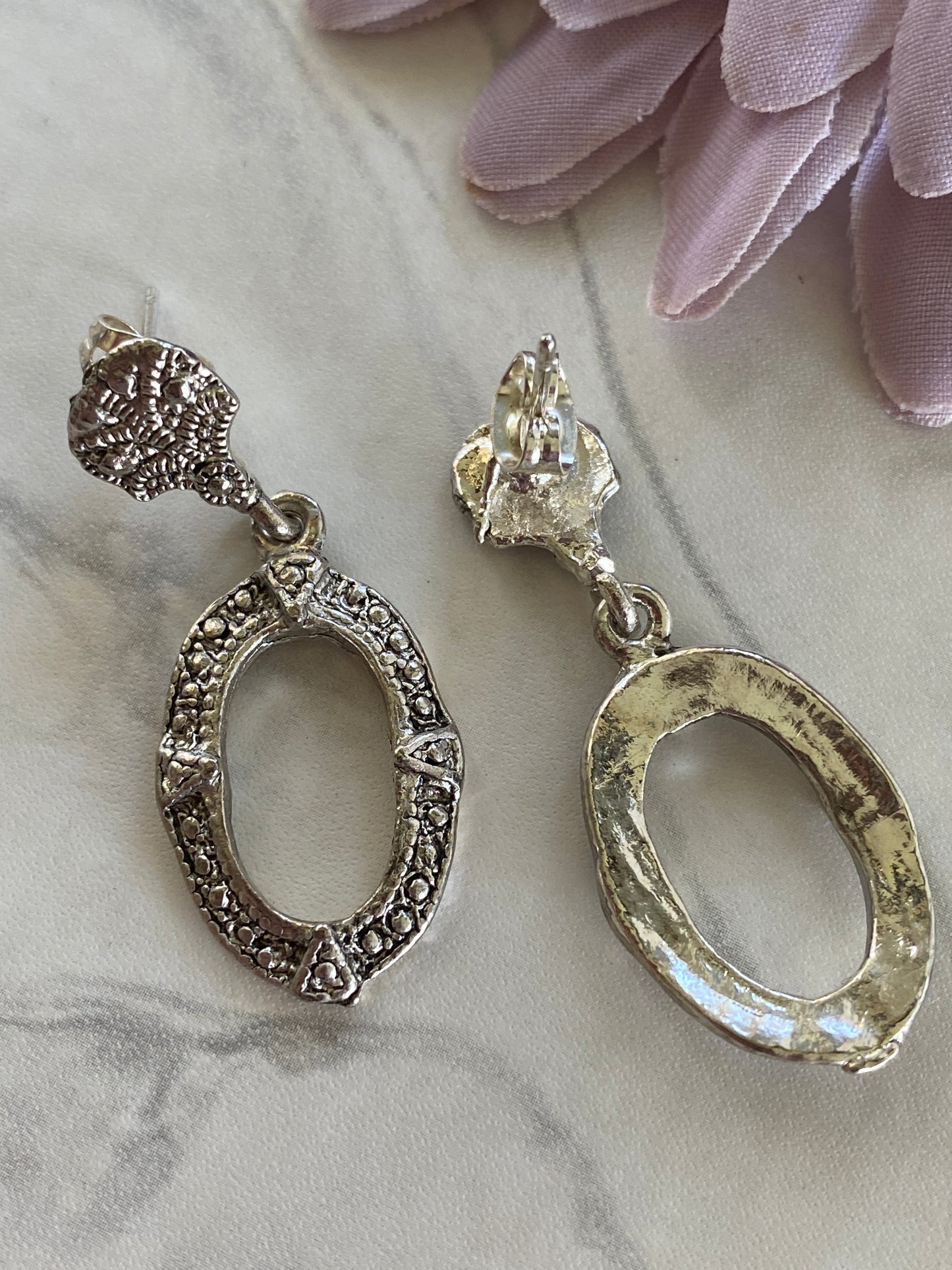 Antique Look Oval  Filigree  Dangle Earrings -Pierced Stud Butterfly Backing