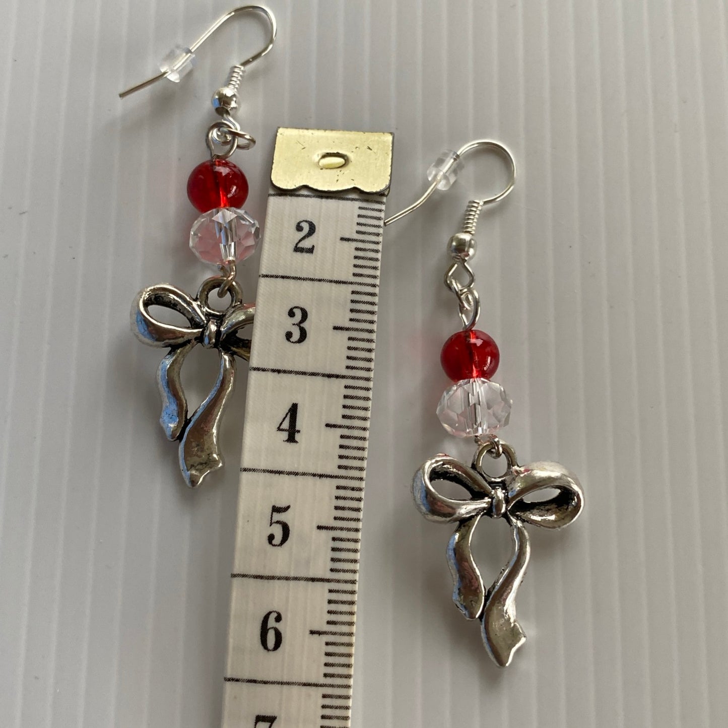 Silver tone Bow Dangle Earrings with Red & Clear Crystals - Pierced *THIS ITEM FREE SHIPPING