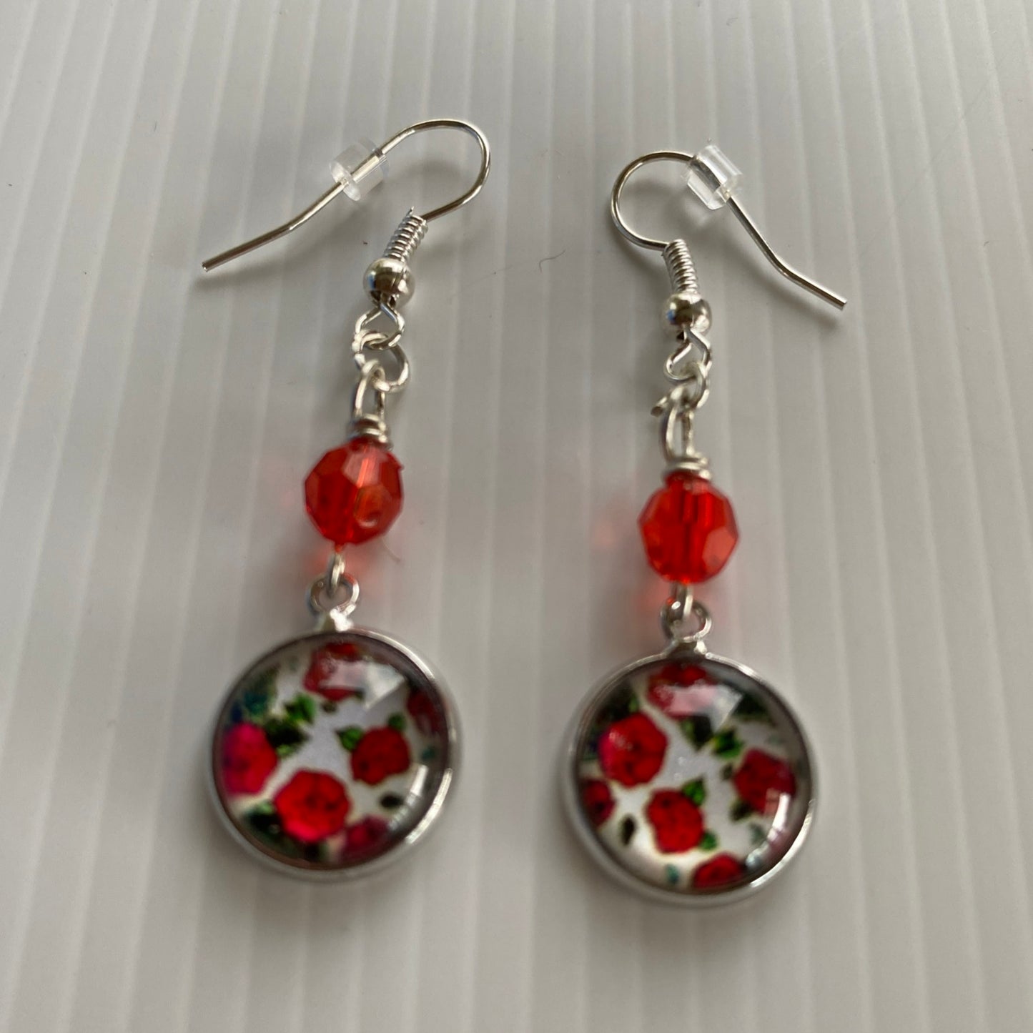 Long Dangle Floral Disc & Red Dangle Earrings - Pierced *THIS ITEM FREE SHIPPING